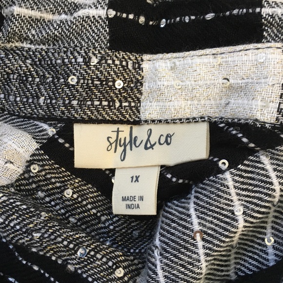 Style & Co. T-Shirt Plaid Check Button Down Black White Plus Size 1X - Picture 2 of 14